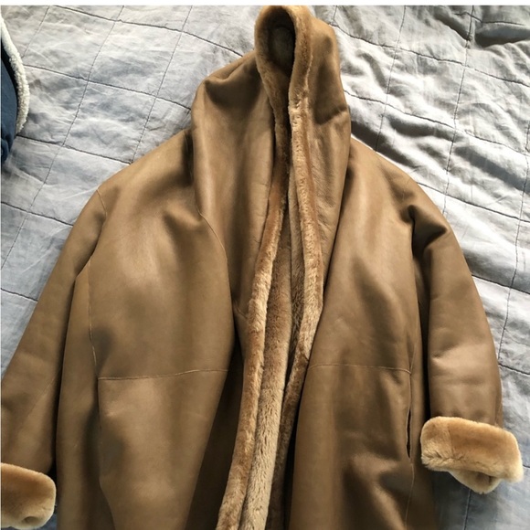 Vince camel shawl collar reversible shearling leather coat with hood jacket S - Picture 6 of 11